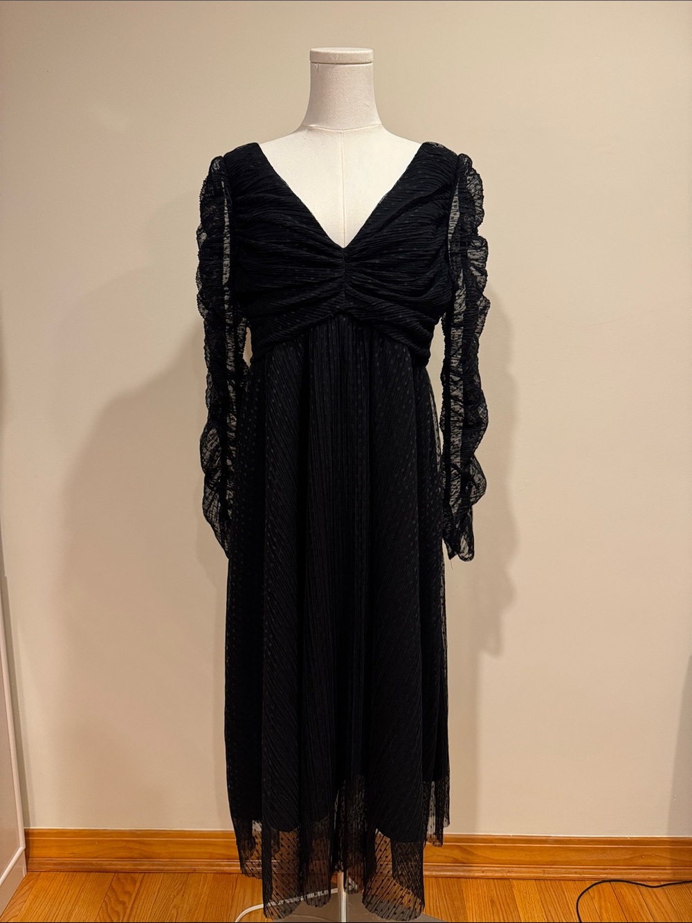 Black V-Neck Ruched Midi Dress with Sheer Puff Sleeves